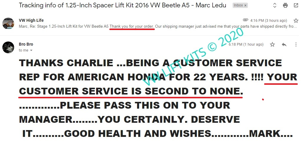 Comment from a Beetle A5 client about our customer service. Thank you Marc and welcome to the VW High Life!